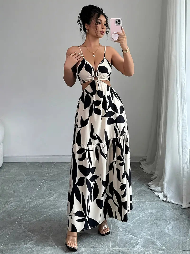 Long Black & Cream Womens Dress - Avelora