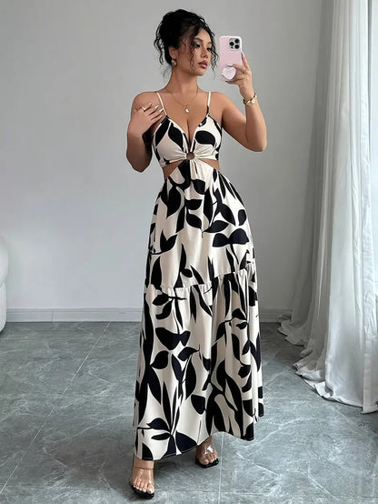 Long Black & Cream Womens Dress - Avelora