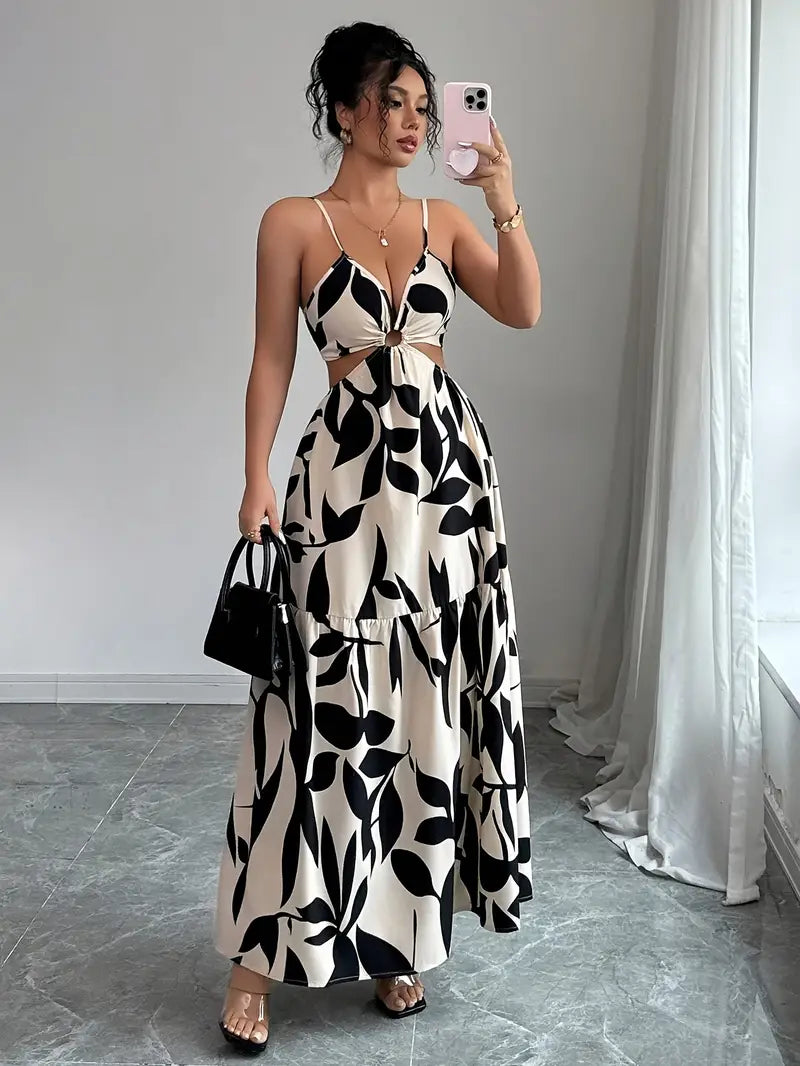 Long Black & Cream Womens Dress - Avelora